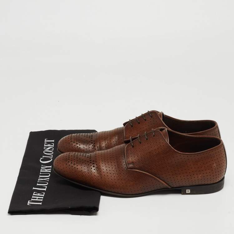 Pre Owned Louis Vuitton Brown Perforated Leather Lace Up Derby Size 40