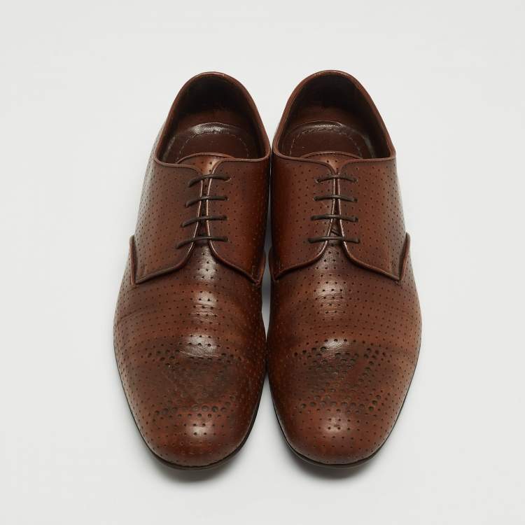 Pre Owned Louis Vuitton Brown Perforated Leather Lace Up Derby Size 40