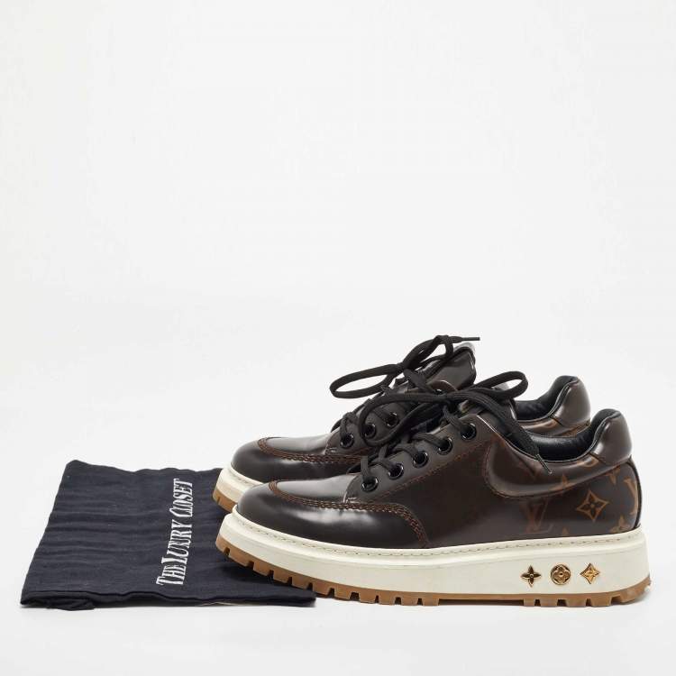 Pre Owned Louis Vuitton X NBA Brown Patent Leather Abbesses Derby Sneakers Size 41.5