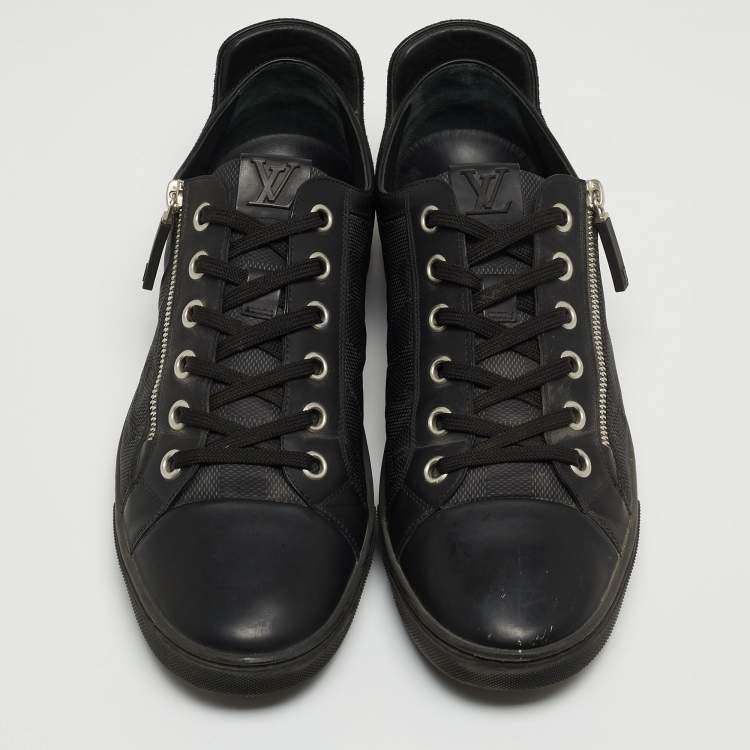 Pre Owned Louis Vuitton Black Leather and Damier Fabric Challenge Zip Up Sneakers Size 43