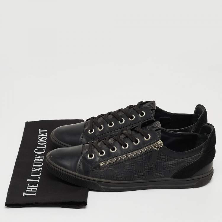 Pre Owned Louis Vuitton Black Leather and Damier Fabric Challenge Zip Up Sneakers Size 43
