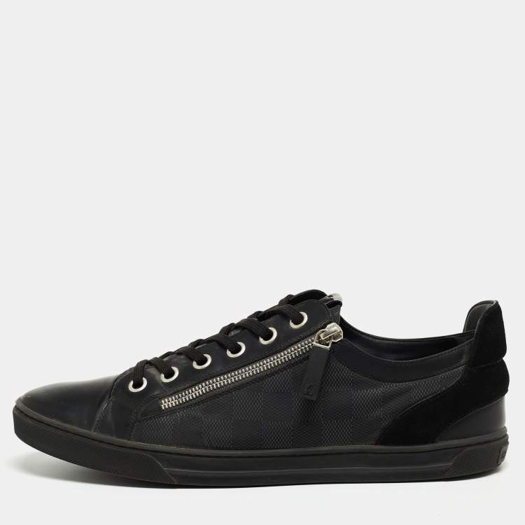 Pre Owned Louis Vuitton Black Leather and Damier Fabric Challenge Zip Up Sneakers Size 43