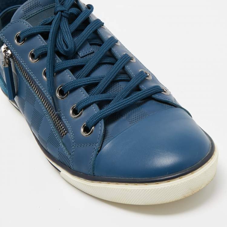 Pre Owned Louis Vuitton Blue Damier Embossed Leather Challenge Zip Up Sneakers Size 41.5