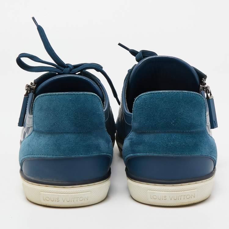 Pre Owned Louis Vuitton Blue Damier Embossed Leather Challenge Zip Up Sneakers Size 41.5