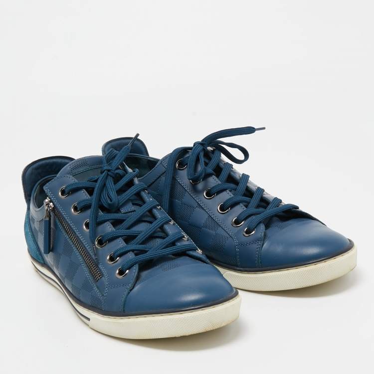 Pre Owned Louis Vuitton Blue Damier Embossed Leather Challenge Zip Up Sneakers Size 41.5