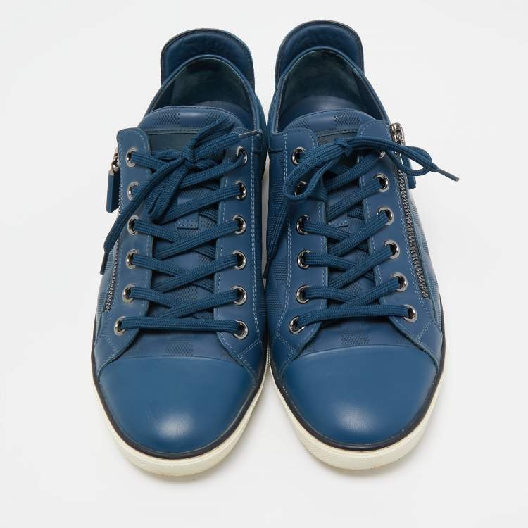Pre Owned Louis Vuitton Blue Damier Embossed Leather Challenge Zip Up Sneakers Size 41.5
