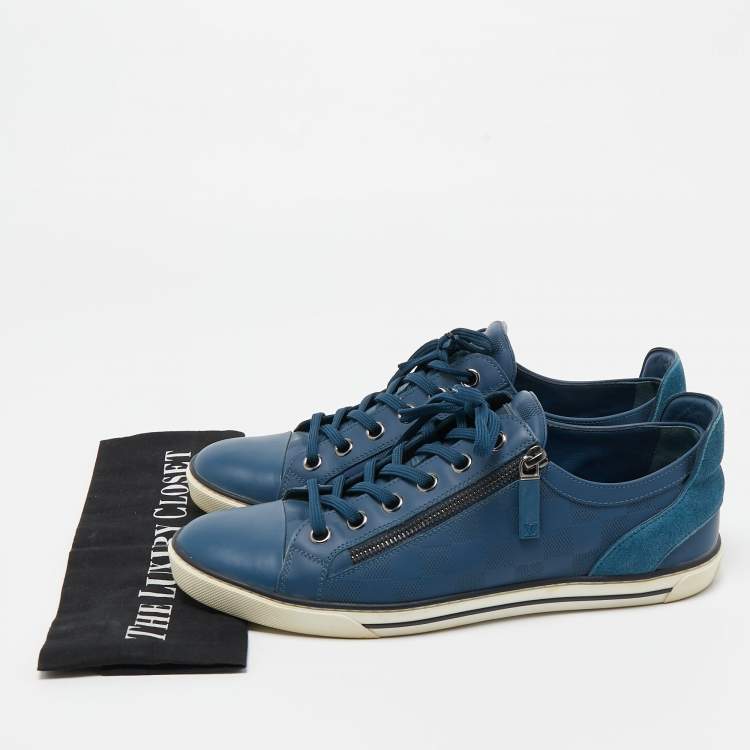 Pre Owned Louis Vuitton Blue Damier Embossed Leather Challenge Zip Up Sneakers Size 41.5