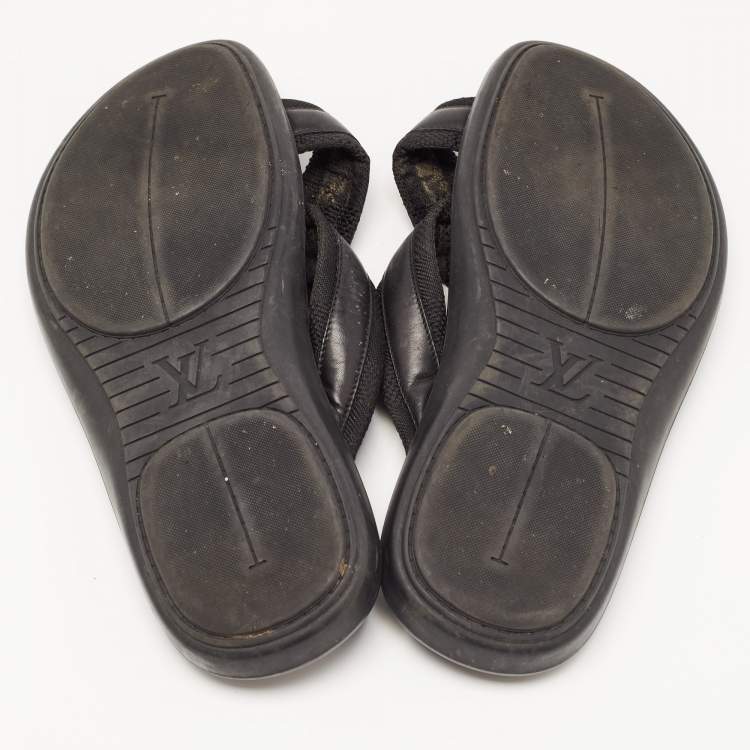 Pre Owned Louis Vuitton Black Leather and Canvas Damier Slide Flats Size 42.5