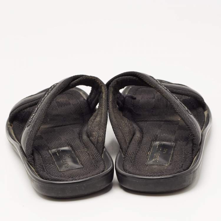 Pre Owned Louis Vuitton Black Leather and Canvas Damier Slide Flats Size 42.5