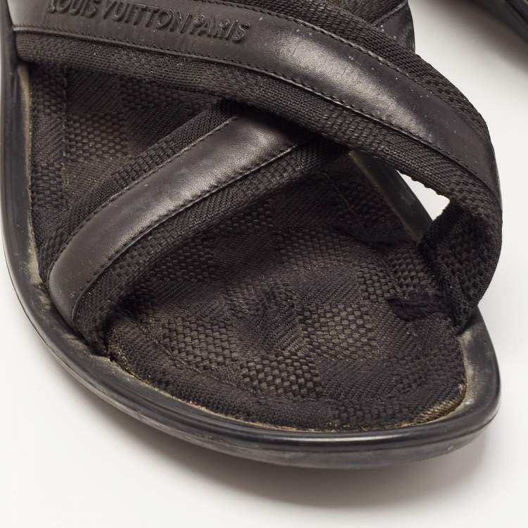Pre Owned Louis Vuitton Black Leather and Canvas Damier Slide Flats Size 42.5
