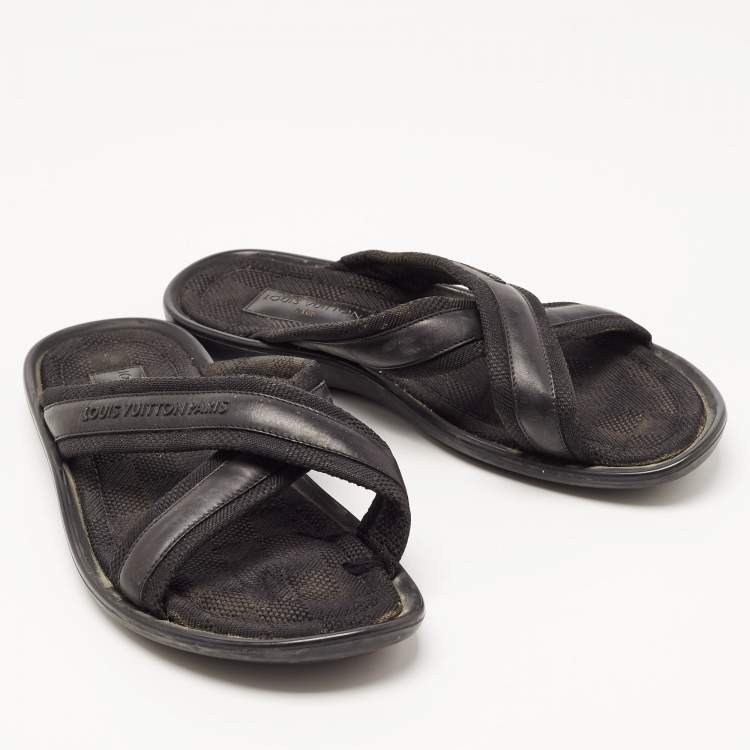 Pre Owned Louis Vuitton Black Leather and Canvas Damier Slide Flats Size 42.5