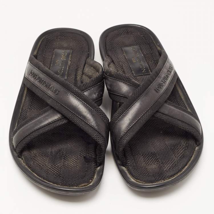 Pre Owned Louis Vuitton Black Leather and Canvas Damier Slide Flats Size 42.5