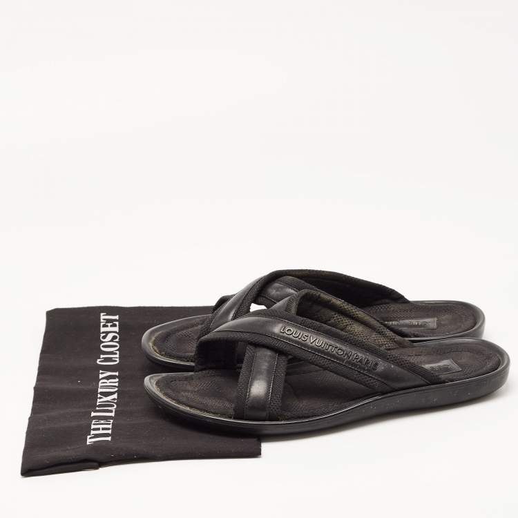 Pre Owned Louis Vuitton Black Leather and Canvas Damier Slide Flats Size 42.5