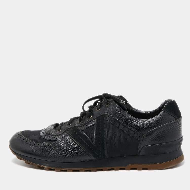 Pre Owned Louis Vuitton Black Leather and Canvas Low Top Sneakers Size 45