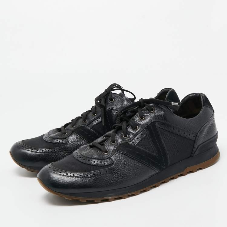 Pre Owned Louis Vuitton Black Leather and Canvas Low Top Sneakers Size 45
