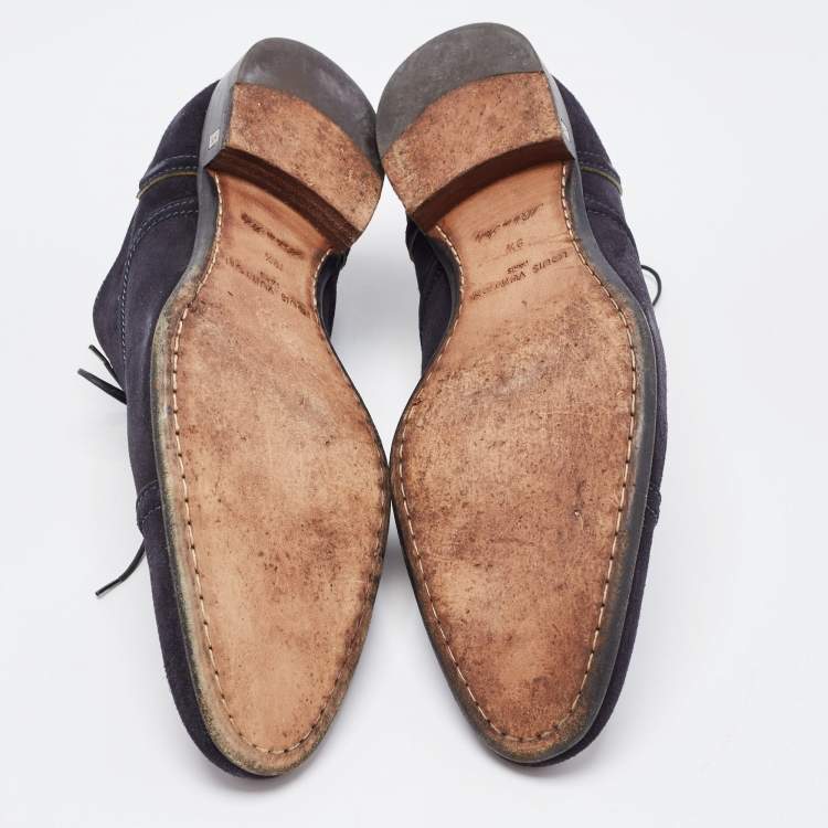 Pre Owned Louis Vuitton Navy Blue Suede Lace Up Oxford Size 43.5