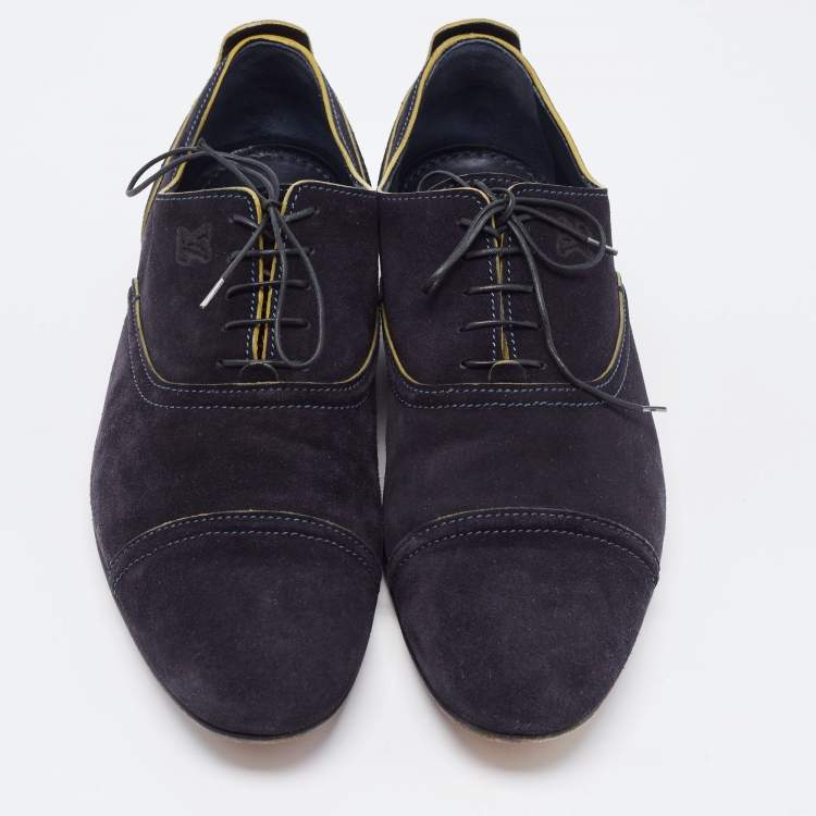 Pre Owned Louis Vuitton Navy Blue Suede Lace Up Oxford Size 43.5