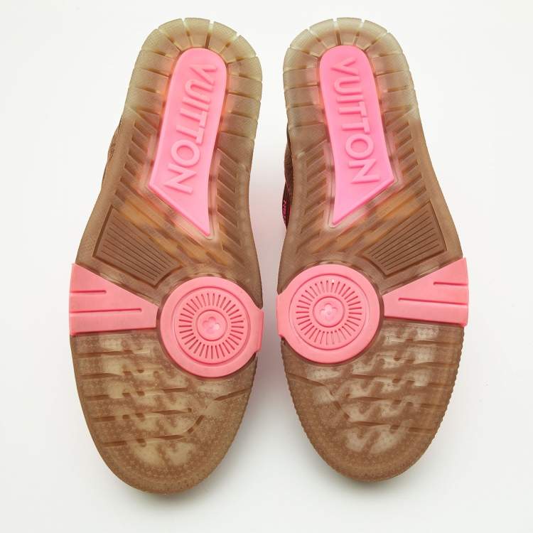 Pre Owned Louis Vuitton Neon Pink/Brown Leather and Fabric Trainer Sneakers Size 43
