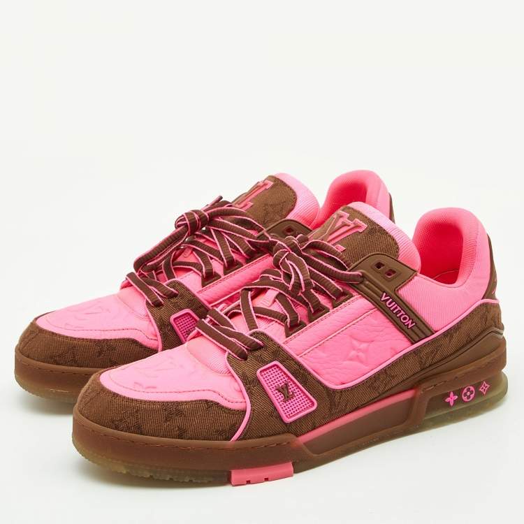 Pre Owned Louis Vuitton Neon Pink/Brown Leather and Fabric Trainer Sneakers Size 43