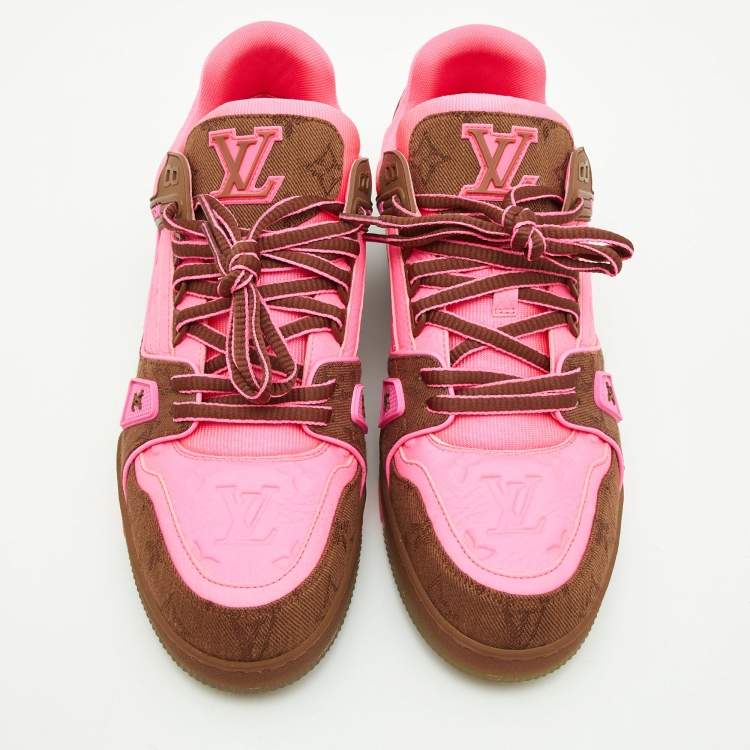 Pre Owned Louis Vuitton Neon Pink/Brown Leather and Fabric Trainer Sneakers Size 43