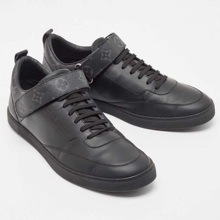 Pre Owned Louis Vuitton Black Leather and Monogram Canvas Velcro Low Top Sneakers Size 42.5