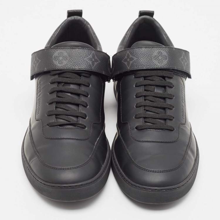 Pre Owned Louis Vuitton Black Leather and Monogram Canvas Velcro Low Top Sneakers Size 42.5
