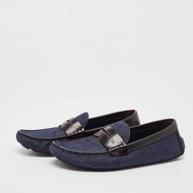 Pre Owned Louis Vuitton Blue Denim And Brown Leather Penny Loafers Size 43