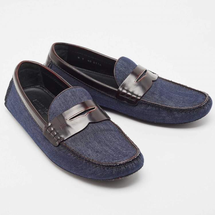 Pre Owned Louis Vuitton Blue Denim And Brown Leather Penny Loafers Size 43