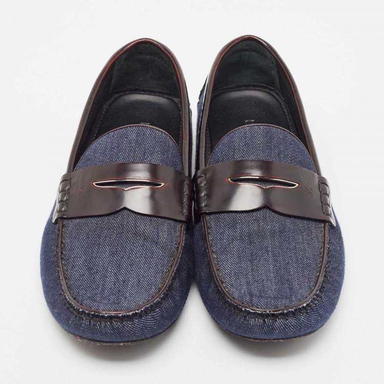 Pre Owned Louis Vuitton Blue Denim And Brown Leather Penny Loafers Size 43