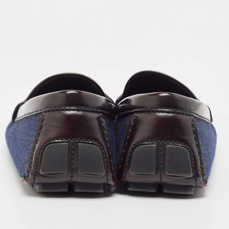 Pre Owned Louis Vuitton Blue Denim And Brown Leather Penny Loafers Size 43
