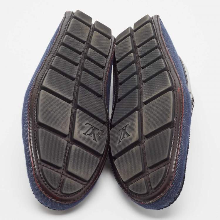 Pre Owned Louis Vuitton Blue Denim And Brown Leather Penny Loafers Size 43