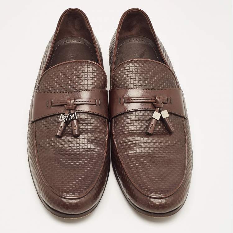 Pre Owned Louis Vuitton Brown Damier Leather Slip On Loafers Size 43