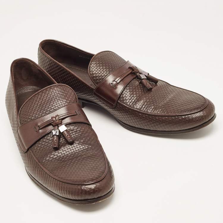 Pre Owned Louis Vuitton Brown Damier Leather Slip On Loafers Size 43