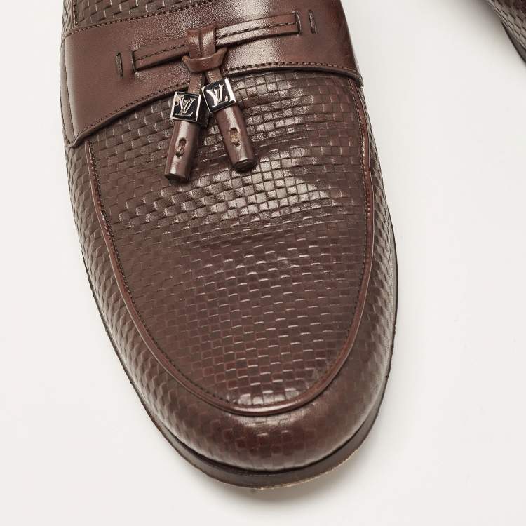 Pre Owned Louis Vuitton Brown Damier Leather Slip On Loafers Size 43