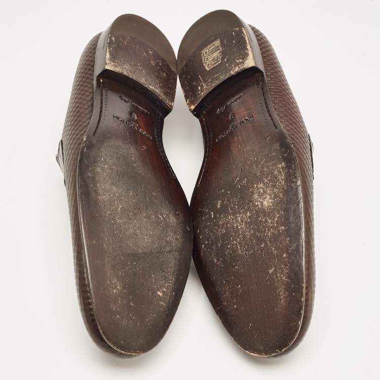 Pre Owned Louis Vuitton Brown Damier Leather Slip On Loafers Size 43