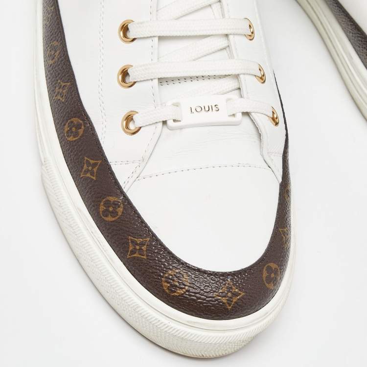 Pre Owned Louis Vuitton White/Brown Leather and Monogram Canvas Stellar Low Top Sneakers Size 41
