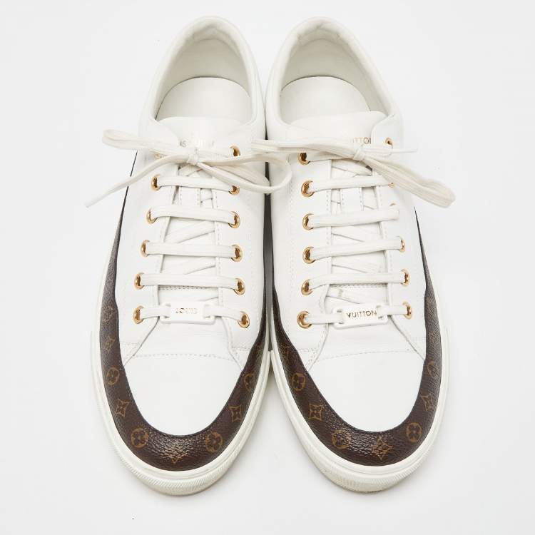 Pre Owned Louis Vuitton White/Brown Leather and Monogram Canvas Stellar Low Top Sneakers Size 41