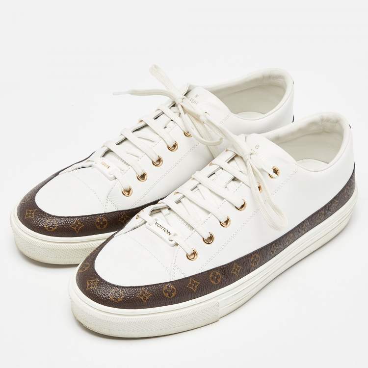 Pre Owned Louis Vuitton White/Brown Leather and Monogram Canvas Stellar Low Top Sneakers Size 41