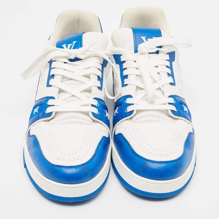 Pre Owned Louis Vuitton Blue/White Leather LV Trainer Sneakers Size 45