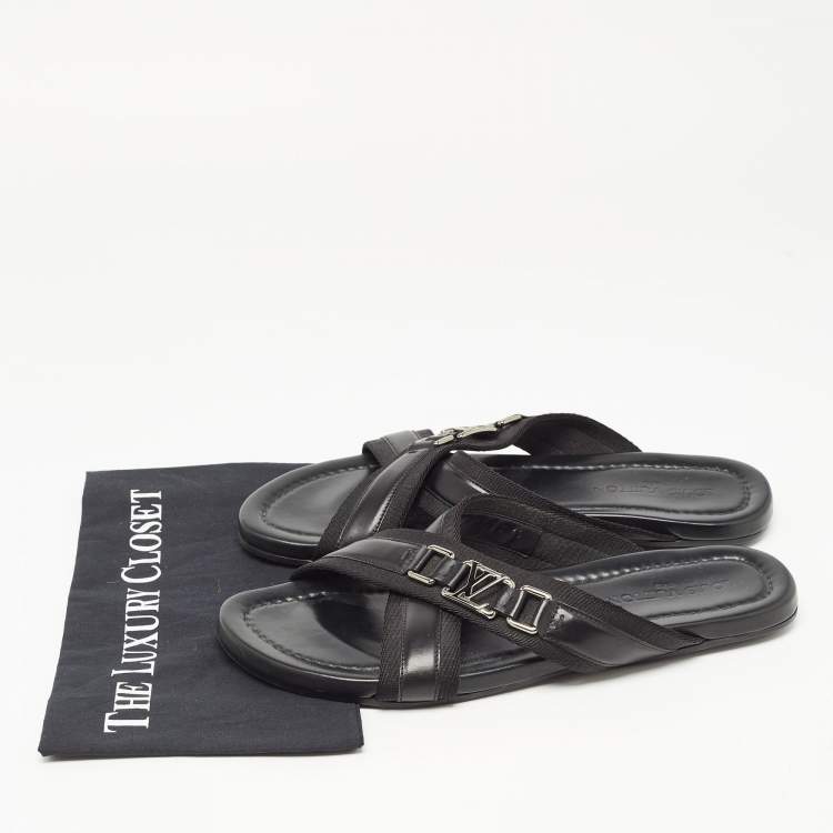 Pre Owned Louis Vuitton Black Leather and Canvas Criss Cross Slides Size 44