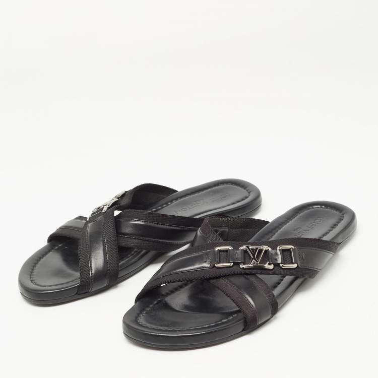 Pre Owned Louis Vuitton Black Leather and Canvas Criss Cross Slides Size 44
