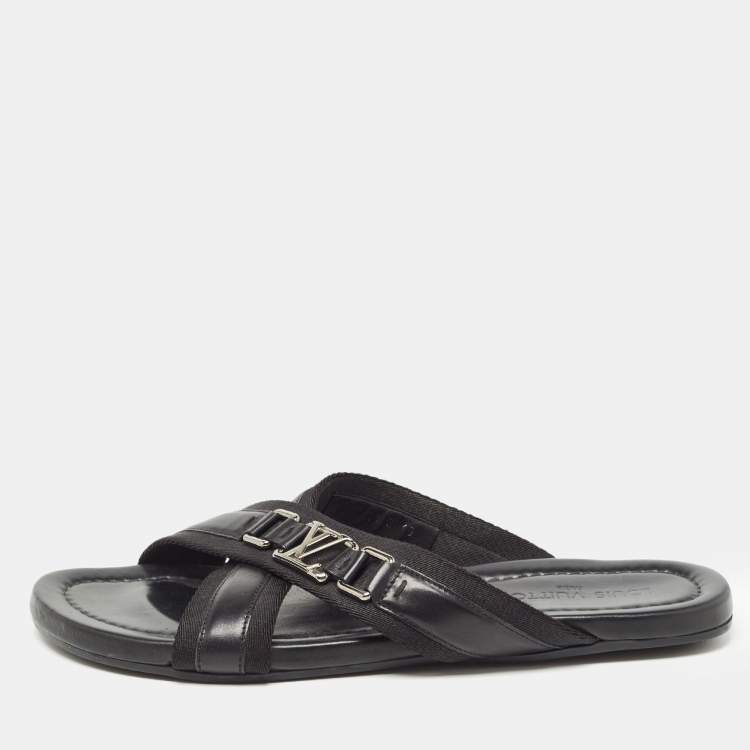 Pre Owned Louis Vuitton Black Leather and Canvas Criss Cross Slides Size 44
