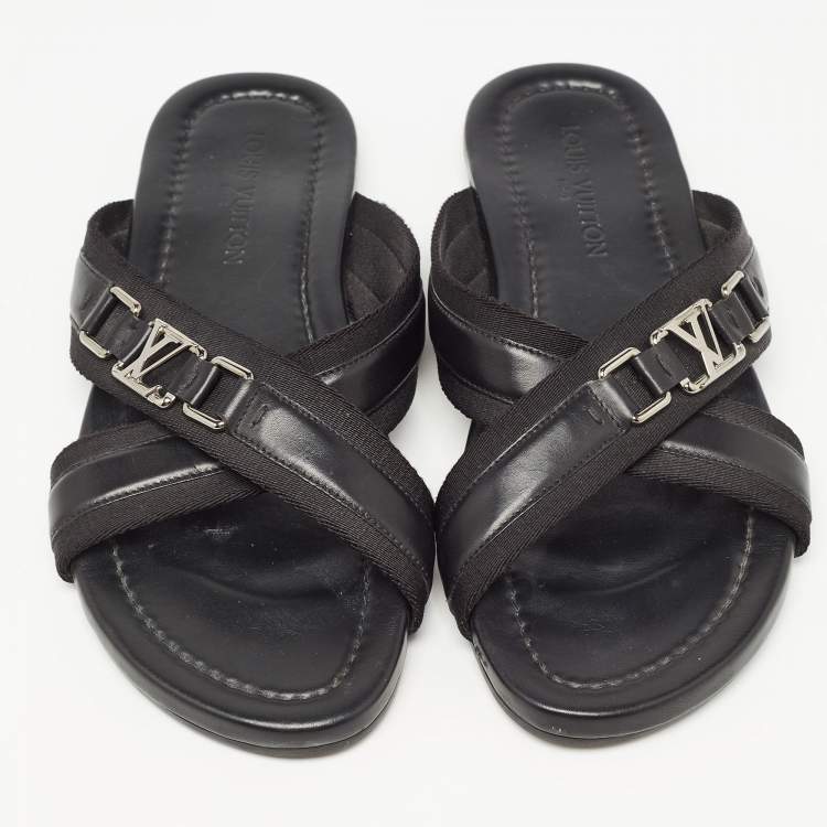 Pre Owned Louis Vuitton Black Leather and Canvas Criss Cross Slides Size 44