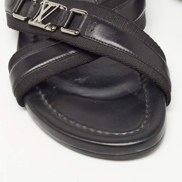 Pre Owned Louis Vuitton Black Leather and Canvas Criss Cross Slides Size 44