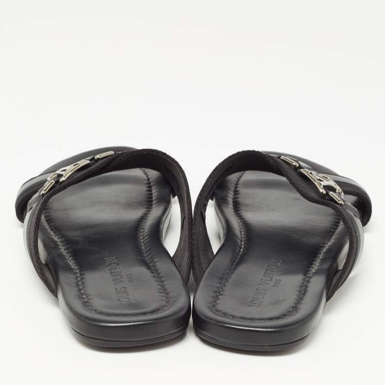 Pre Owned Louis Vuitton Black Leather and Canvas Criss Cross Slides Size 44