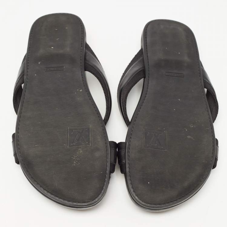 Pre Owned Louis Vuitton Black Leather and Canvas Criss Cross Slides Size 44