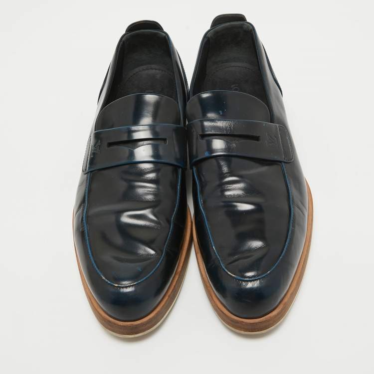 Pre Owned Louis Vuitton Navy Blue Perforated Leather Penny Loafers Size 42