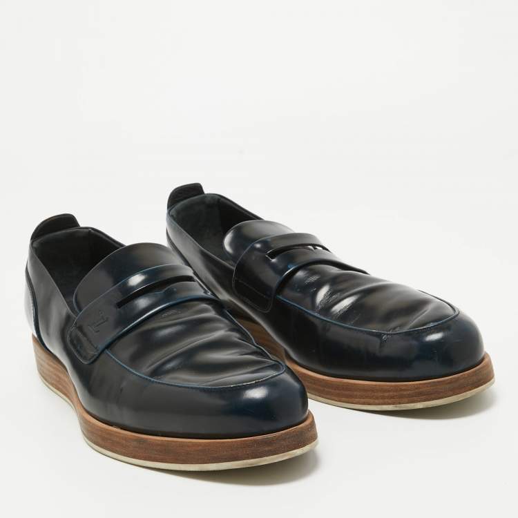 Pre Owned Louis Vuitton Navy Blue Perforated Leather Penny Loafers Size 42