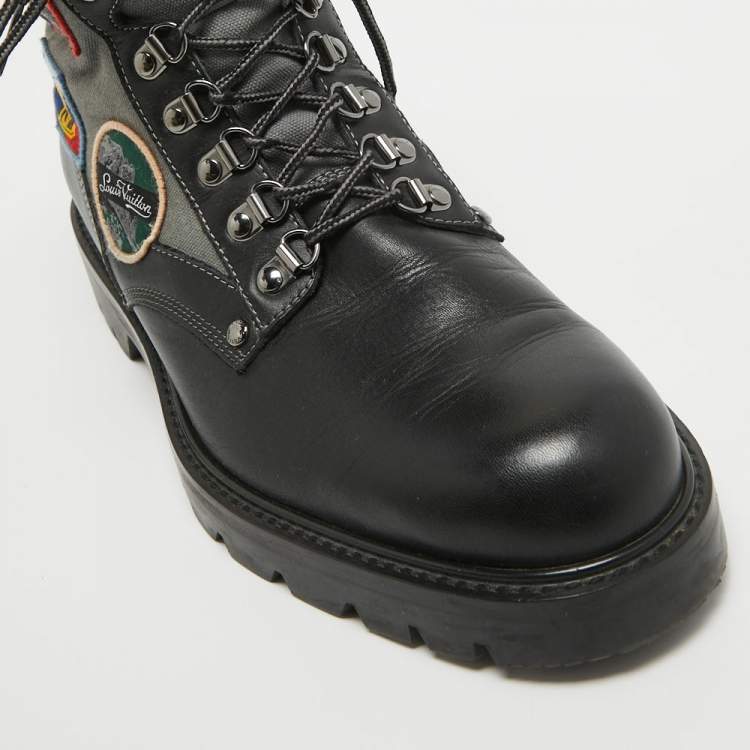 Pre Owned Louis Vuitton Black/Grey Leather and Canvas Metropolis Ranger Boots Size 42