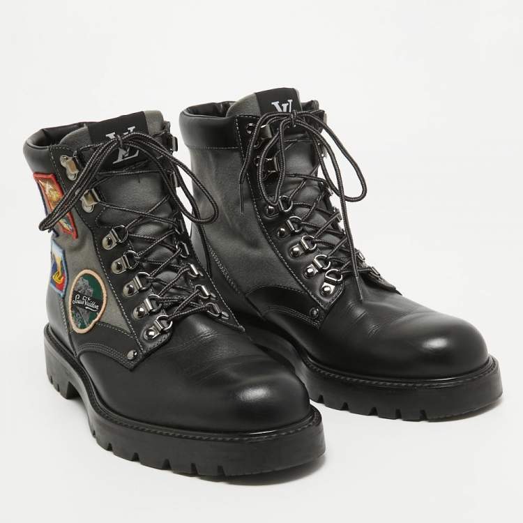 Pre Owned Louis Vuitton Black/Grey Leather and Canvas Metropolis Ranger Boots Size 42